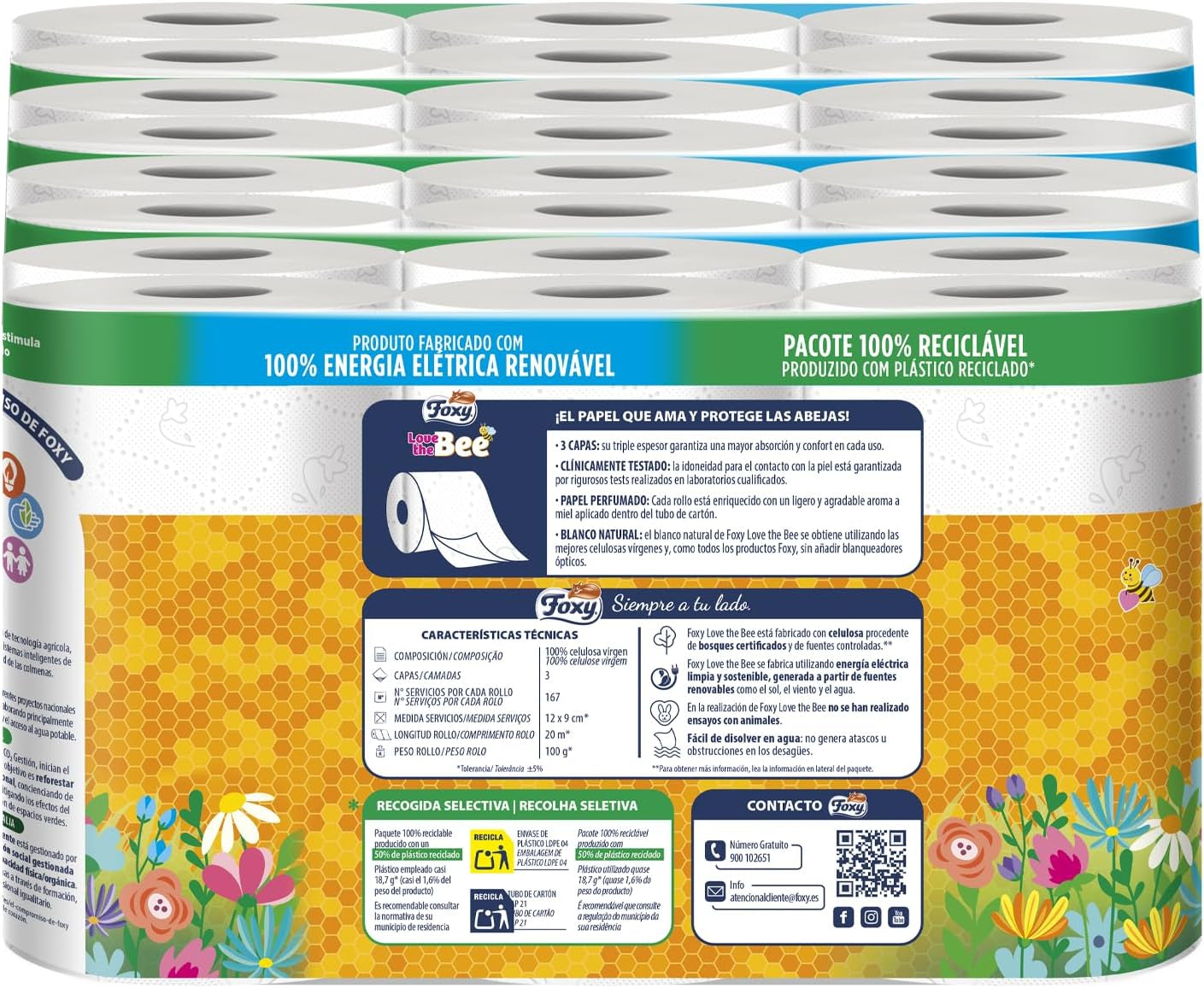 Amo la abeja | Papel higiénico de 3 capas | 48 rollos | 167 servicios en marcha | Certificado fsc | Electricidad 100% renovable | Envases reciclables fabricados con plástico reciclado.
