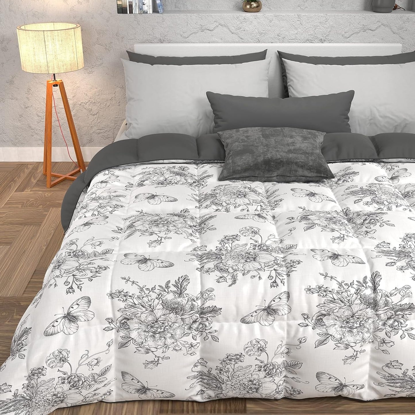 PETTI Artigiani Italiani - Edredón de invierno, Edredón de invierno, Edredón sencillo, Doble cara, Monocolor e impresión digital, 100% microfibra hipoalergénica, Made in Italy Edredones y edredones Naty Shop Botanic 03 Gris Cama individual