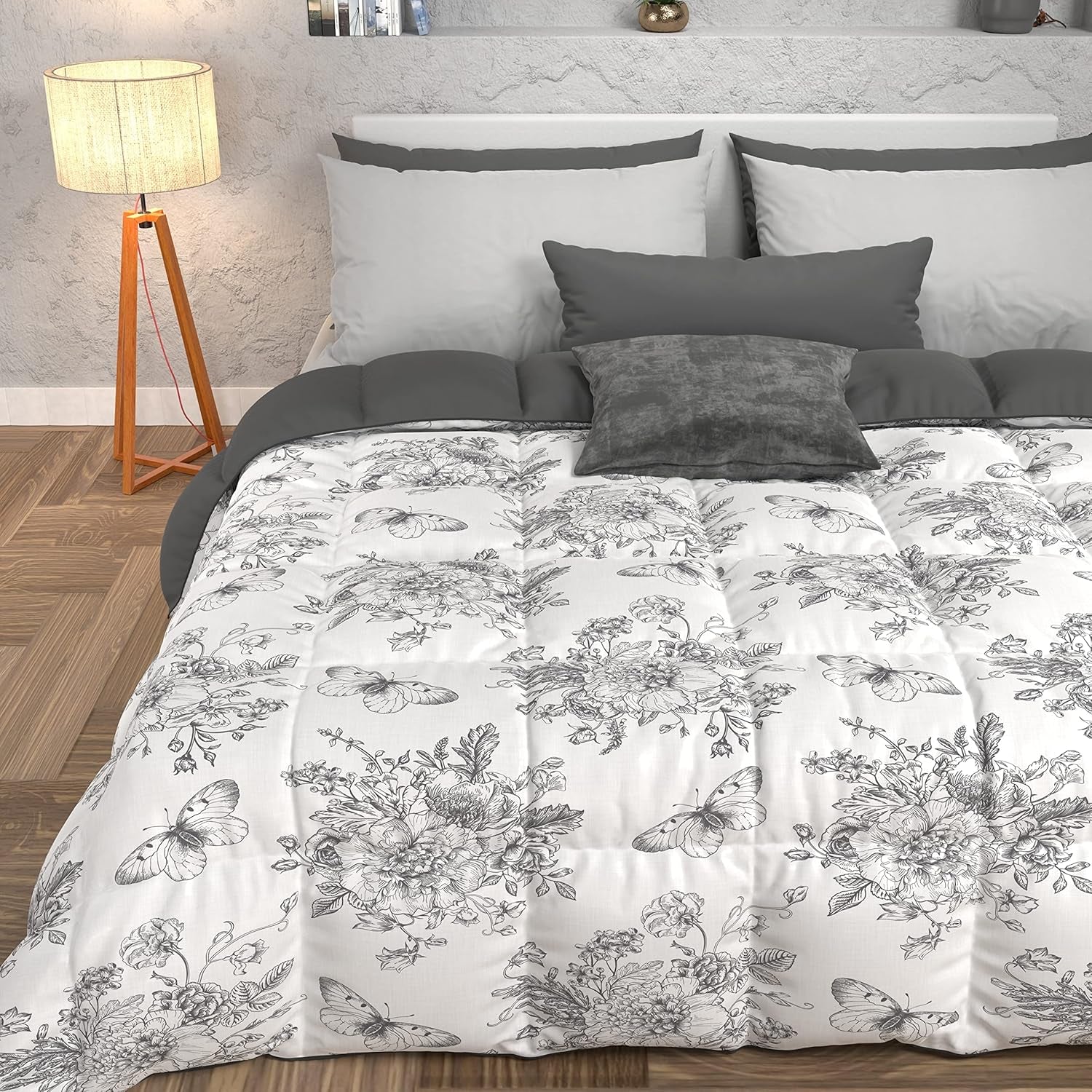 PETTI Artigiani Italiani - Edredón de invierno, Edredón de invierno, Edredón sencillo, Doble cara, Monocolor e impresión digital, 100% microfibra hipoalergénica, Made in Italy Edredones y edredones Naty Shop Botanic 03 Gris Cama individual