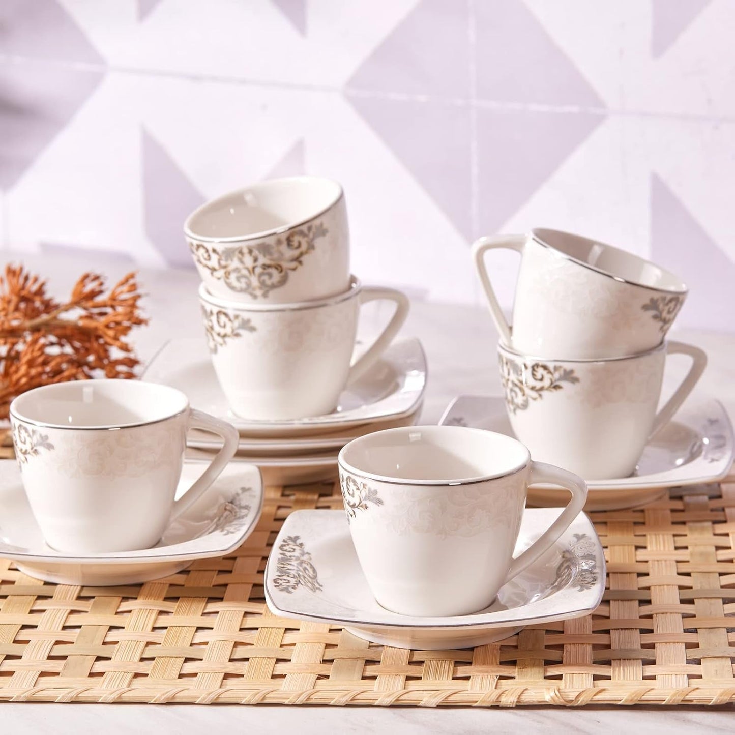 KARACA Nazende Juego de tazas de café expreso de porcelana - Tazas de café turco con platillos de 80 ml, servicio de café moderno de 12 piezas con 6 tazas de café y 6 platillos, tazas de moca - Blanco