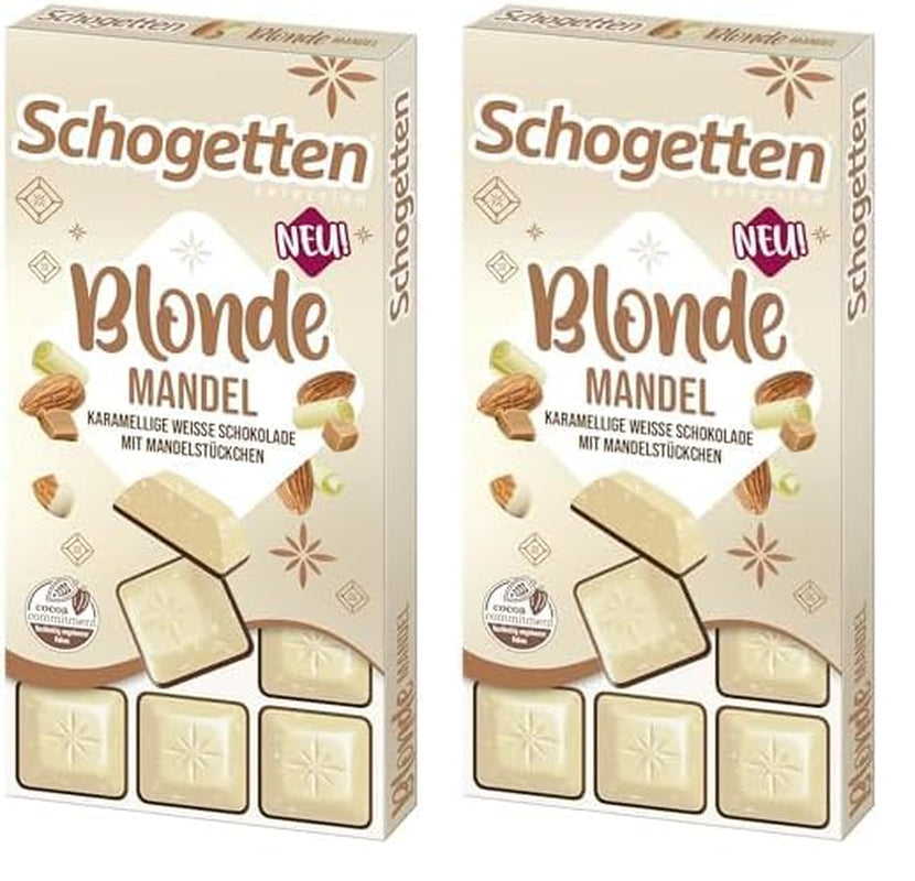 Schogetten Rubio Almendra | Chocolate blanco con trozos de caramelo y almendras | 100 gramos | Convenientemente porcionado (paquete de 2)