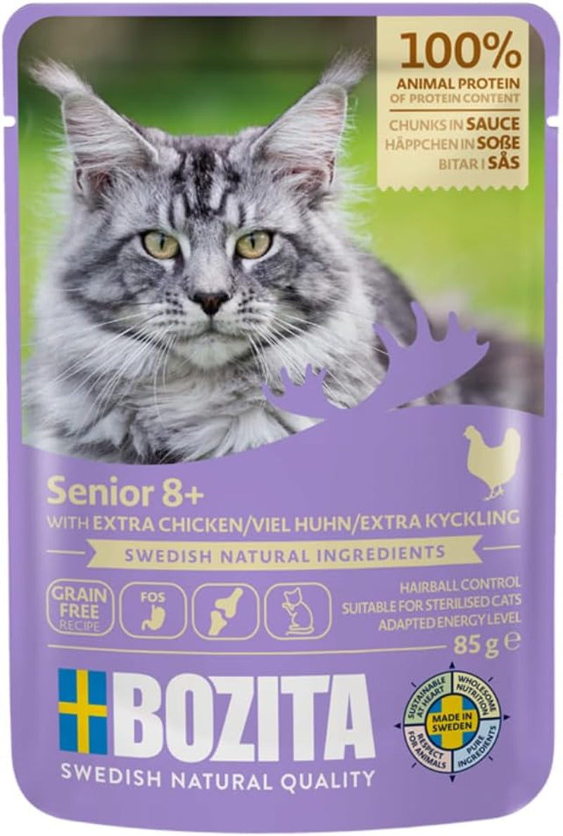 Bozita Senior 8+ Mound comida húmeda para gatos con cereales y mucho pollo - 12 sobres x 85g, comida húmeda para gatos sin cereales ni trigo - Comida húmeda para gatos con 8,5% de proteínas y 4,5% de grasas