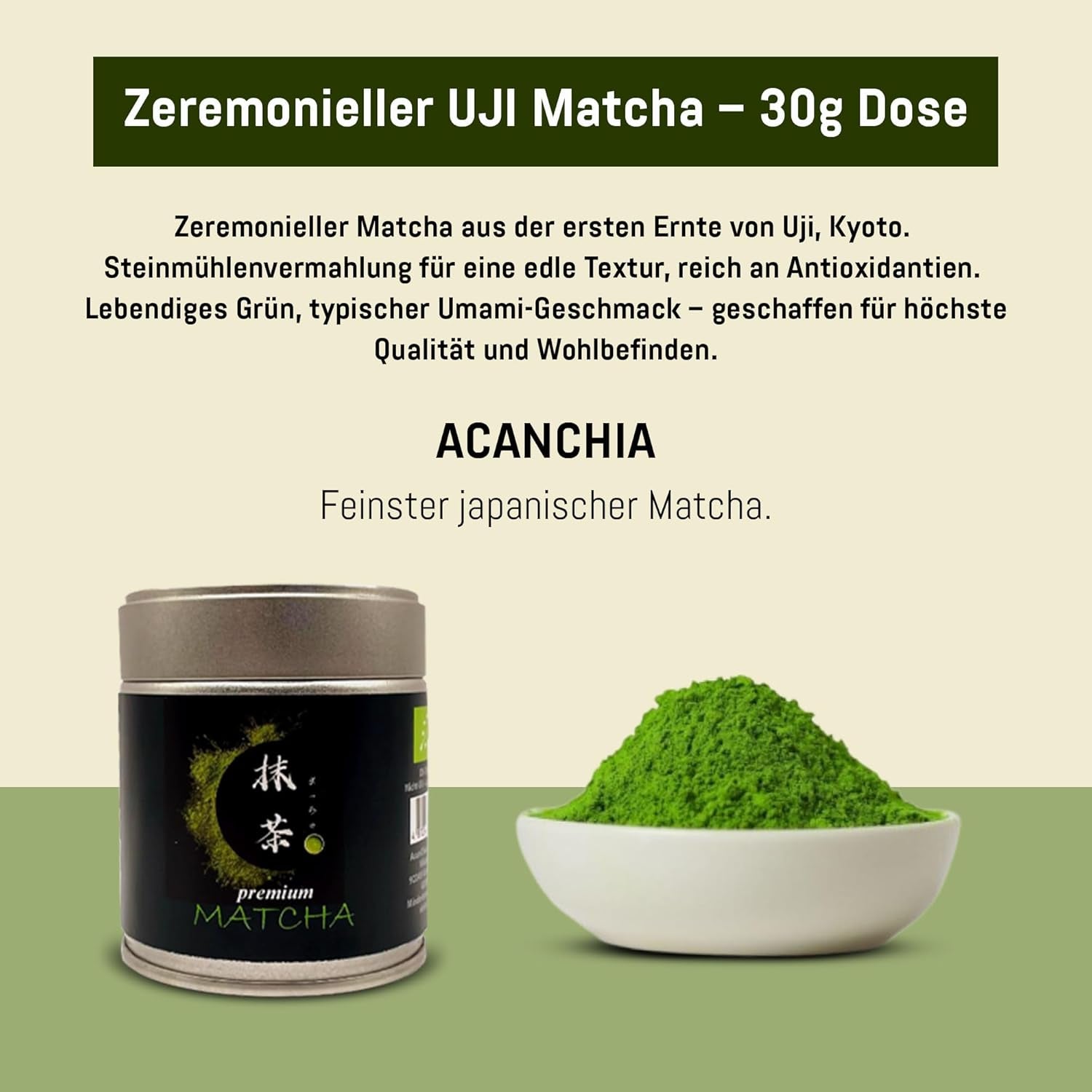 Grado Ceremonial UJI - Caja 30g - Bio - Matcha 100% Japonés - Primera Cosecha - Matcha Puro - Molido