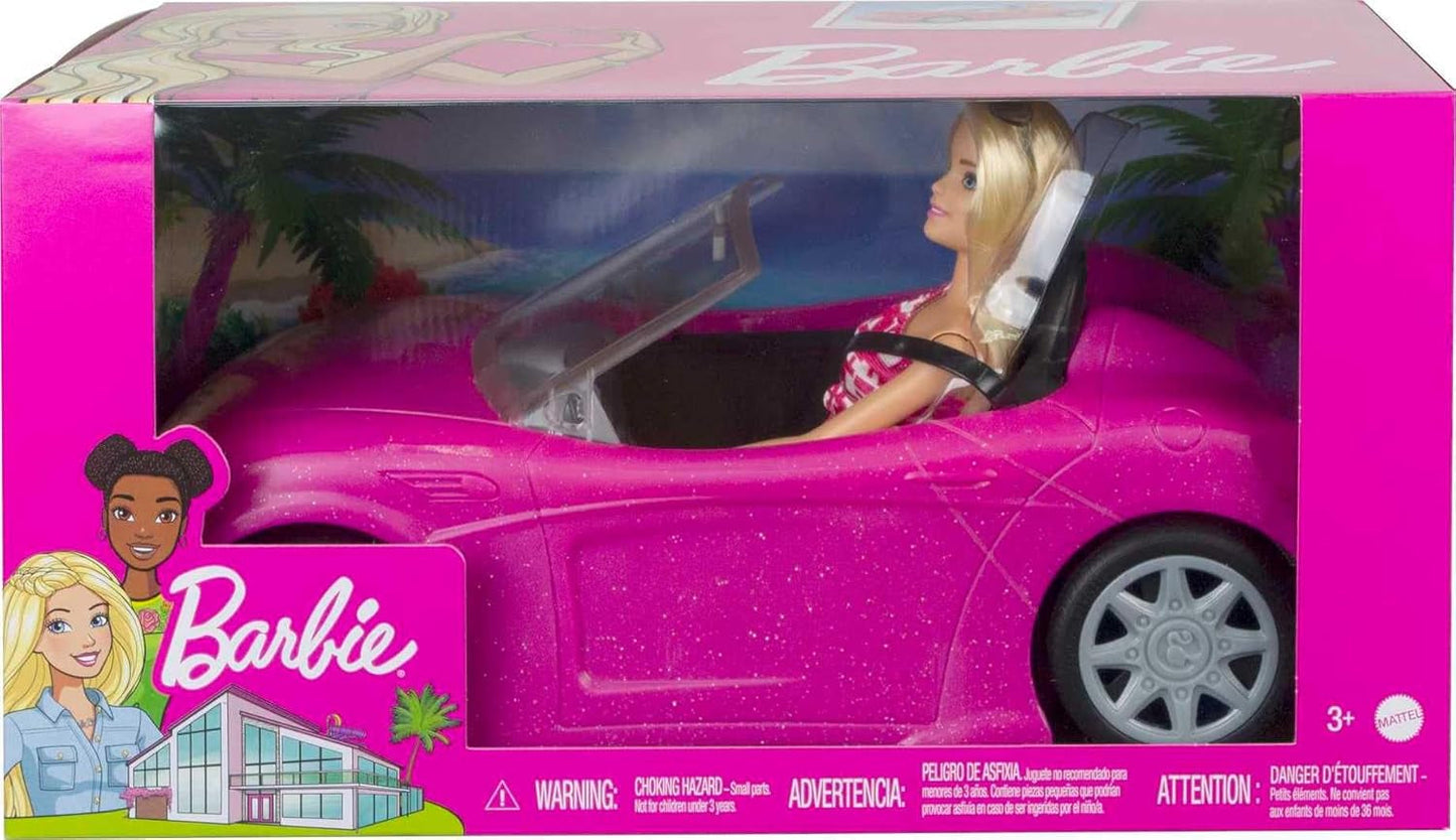 Muñeca Barbie y convertible con purpurina rosa, neumáticos realistas, logotipo, juguete para edades de 3 años en adelante, DJR55