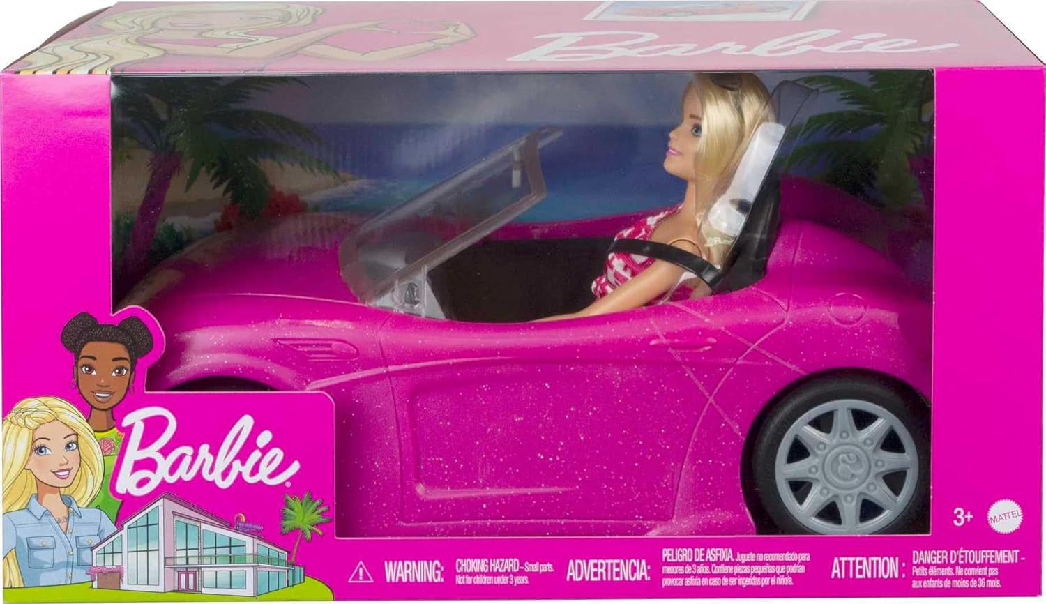 Muñeca Barbie y convertible con purpurina rosa, neumáticos realistas, logotipo, juguete para edades de 3 años en adelante, DJR55