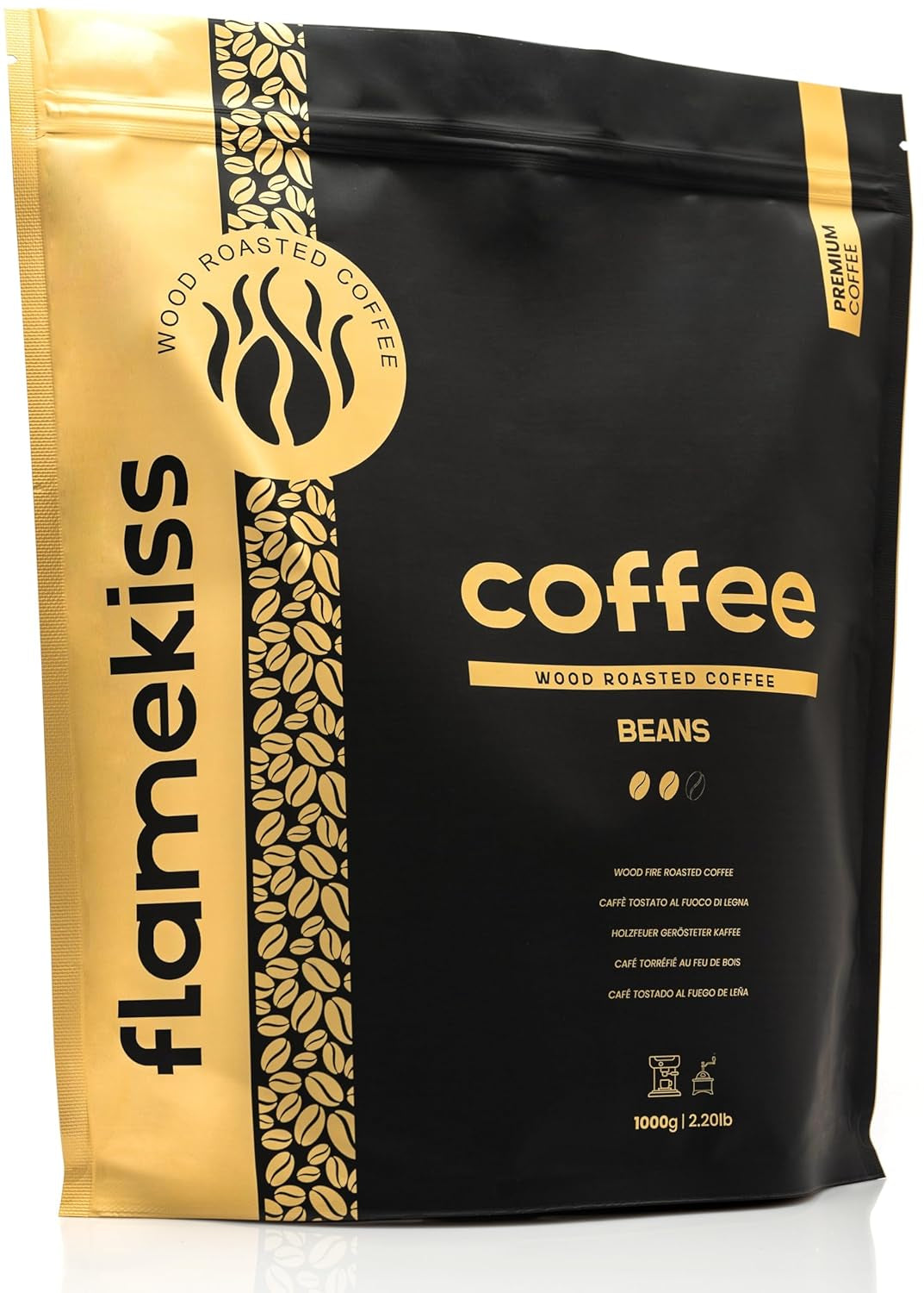 Café en grano 1 kg: granos de espresso Arábica y Robusta de alta calidad, tostados a mano sobre fuego de leña para una experiencia rica y aromática de café en grano entero.