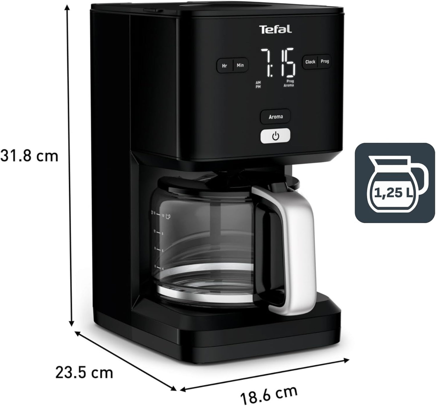 Tefal Smart'n Light Cafetera Espresso con Temporizador, Cafetera Espresso con Filtro Programable 1,25 L, Función Aroma para Aroma Intenso, Función Mantener Caliente, Antigoteo y Fácil de Limpiar, Negra