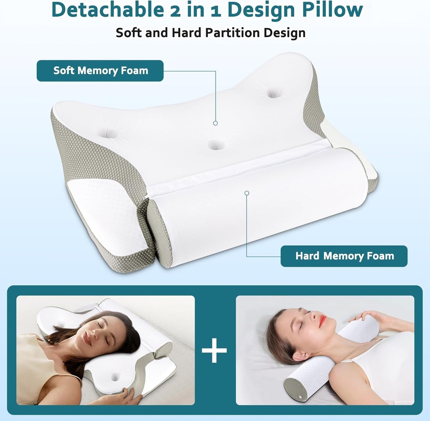 TopEsct Almohada de espuma viscoelástica, almohada para dormir de lado, almohada para el cuello, almohada para la cabeza para personas que duermen de lado y boca arriba (gris)