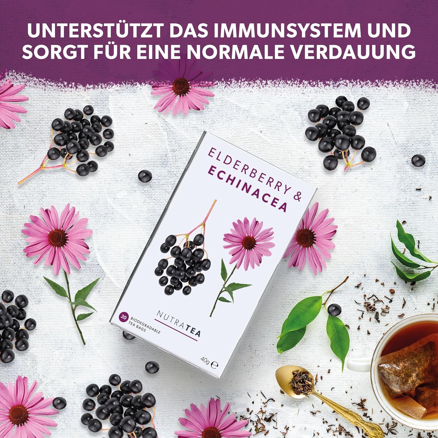 Nutra Tea Saúco y equinácea, té para inmunidad y resfriados, té de apoyo inmunológico, lucha contra el resfriado, 20 bolsitas de té reutilizables, té de hierbas naturales
