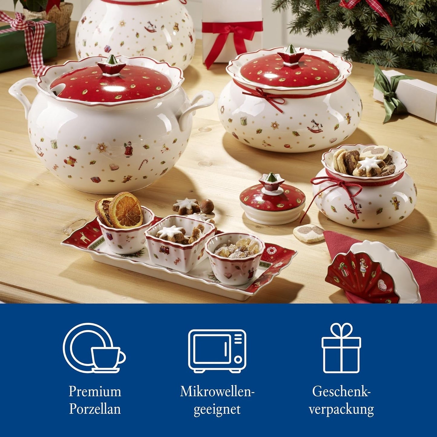 Villeroy & Boch - Toy's Delight Salsera, 4 piezas, fuente con cuencos, juego de salsas navideñas, decoración de mesa de juguete, bandeja para servir, cuencos, vajilla navideña, porcelana premium