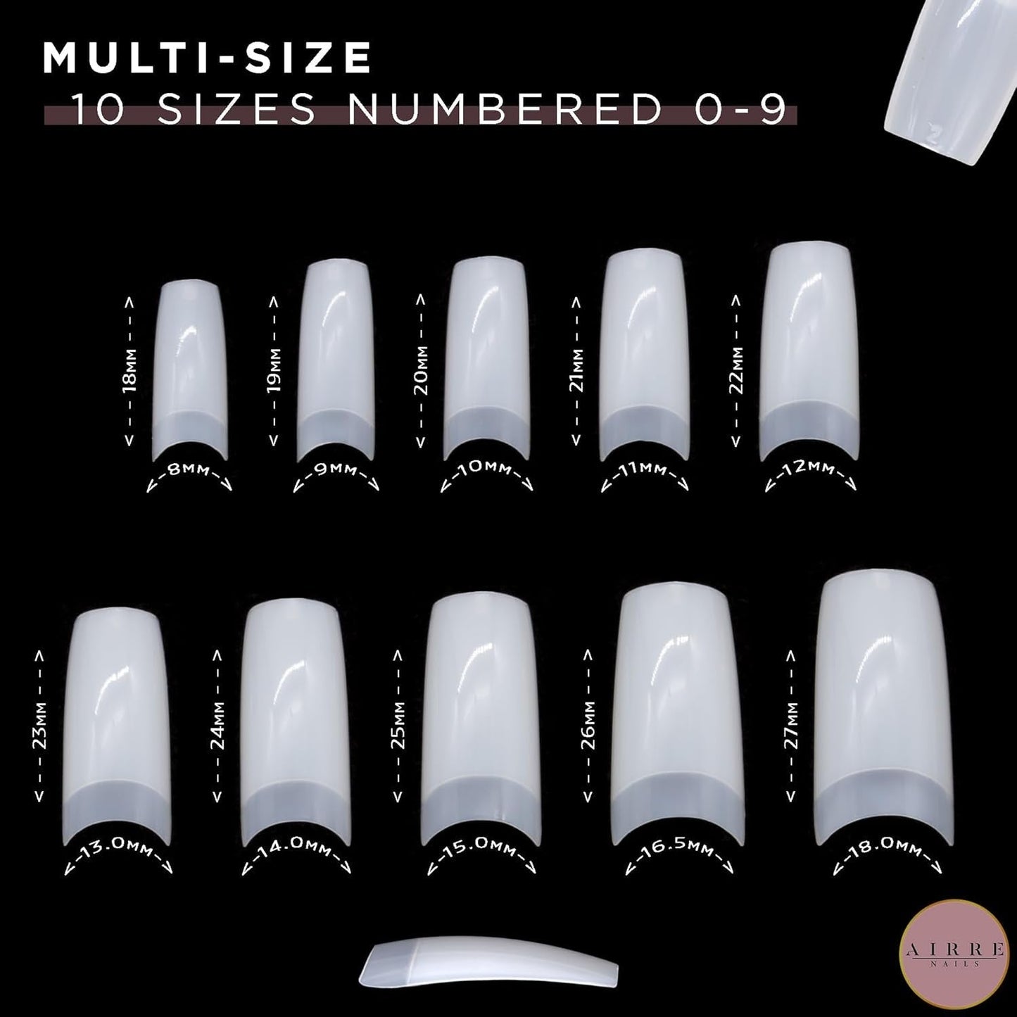 AIRRE 500 uñas de gel profesionales y 3 limas por caja - (10 tamaños) uñas postizas francesas de media luna, uso en salón y hogar, corte, limado y modelado, gel UV/LED, esmalte de uñas y arte de uñas (natural)