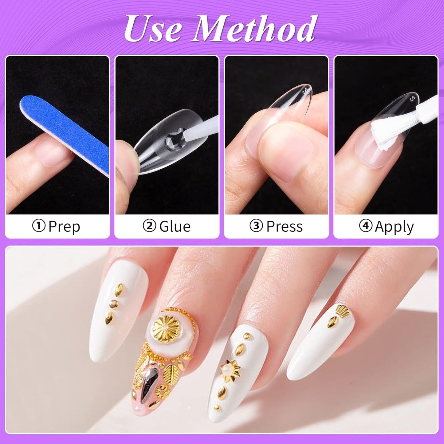Becellen 500 puntas de uñas artificiales, puntas de uñas de gel suave, cobertura completa, puntas de uñas de gel, uñas artificiales prepulidas, juego de pegamento para decoración de uñas (almendras)