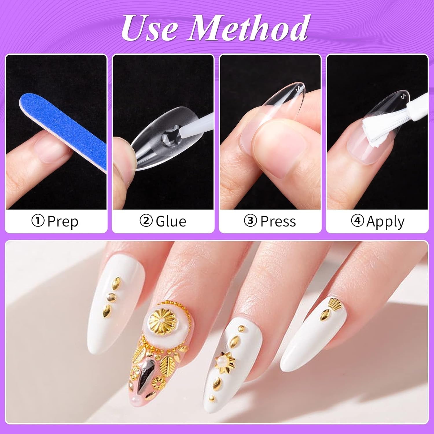 Becellen 500 puntas de uñas artificiales, puntas de uñas de gel suave, cobertura completa, puntas de uñas de gel, uñas artificiales prepulidas, juego de pegamento para decoración de uñas (almendras)