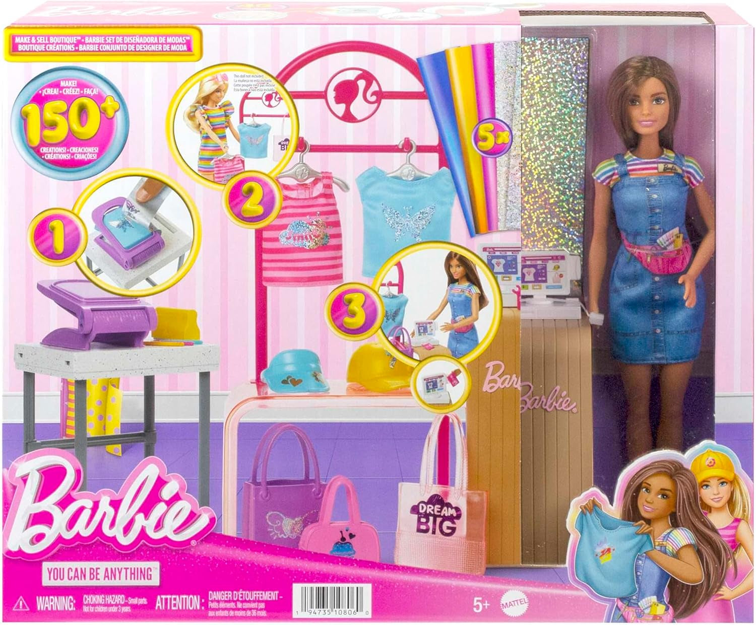 Barbie Fashion Boutique Playset - Muñeca con patrón de aluminio, más de 150 looks originales, incluye 2 blusas y 5 sábanas de aluminio, perchero y lector de tarjetas de crédito, a partir de 3 años, HKT78