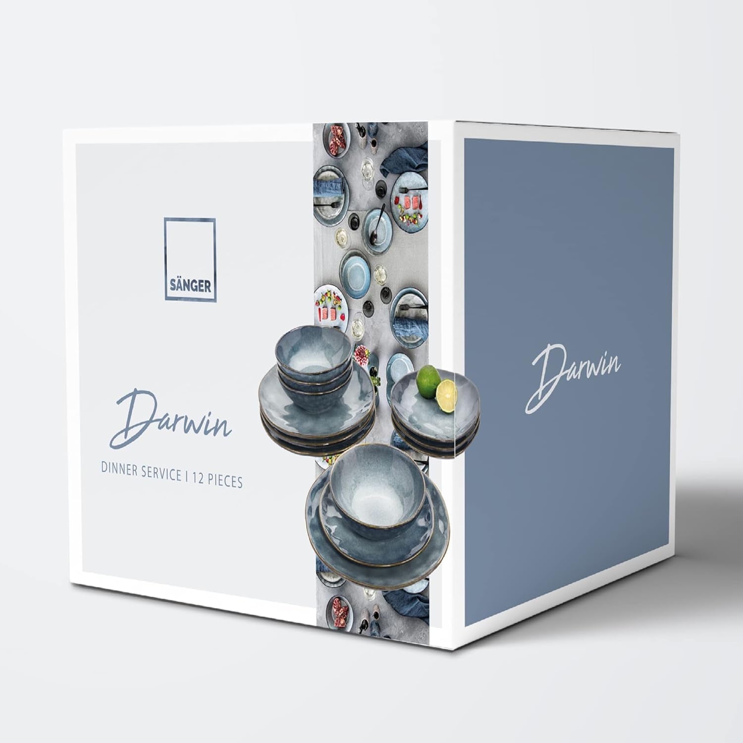SANGER | Juego de vajilla Darwin de 12 piezas, juego de vajilla de gres para 4, juego de vajilla azul que incluye platos llanos, platos de postre y platos hondos, juego de vajilla hecha a mano | LA COLECCIÓN PREMIUM