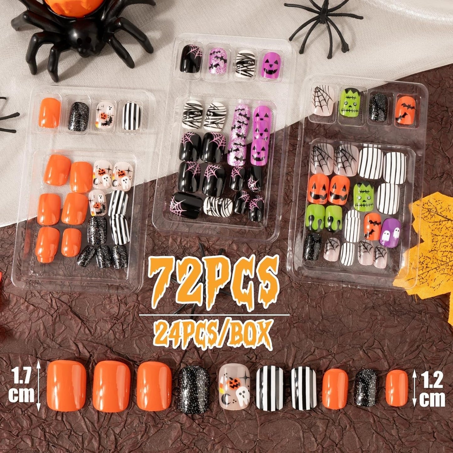 72 piezas de uñas de Halloween, uñas postizas autoadhesivas, uñas artificiales cortas, uñas prensadas autoadhesivas, uñas postizas autoadhesivas, puntas de uñas artificiales, naranja, verde, negro