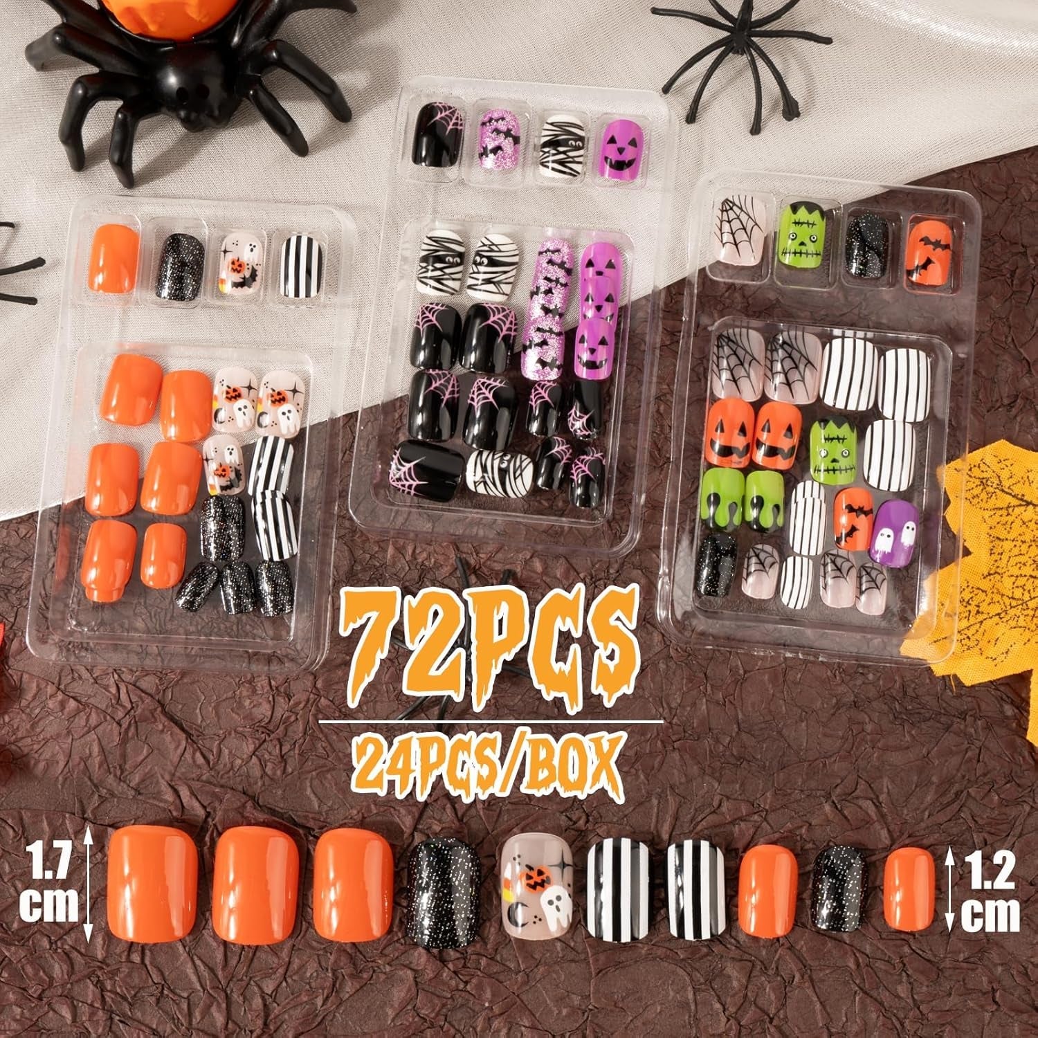 72 piezas de uñas de Halloween, uñas postizas autoadhesivas, uñas artificiales cortas, uñas prensadas autoadhesivas, uñas postizas autoadhesivas, puntas de uñas artificiales, naranja, verde, negro