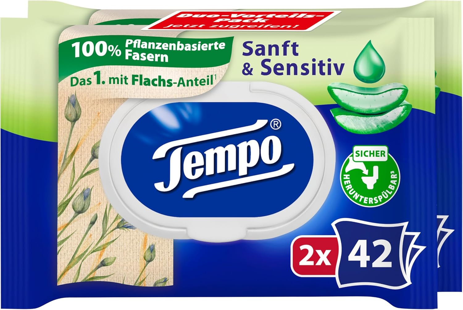Toallitas higiénicas húmedas Tempo ''Gentle & Sensitive'' - Megapack - 16 paquetes de 42 toallitas cada uno - Duo Packs - Aloe Vera natural - Papel higiénico, dermatológicamente probado, neutro para la piel