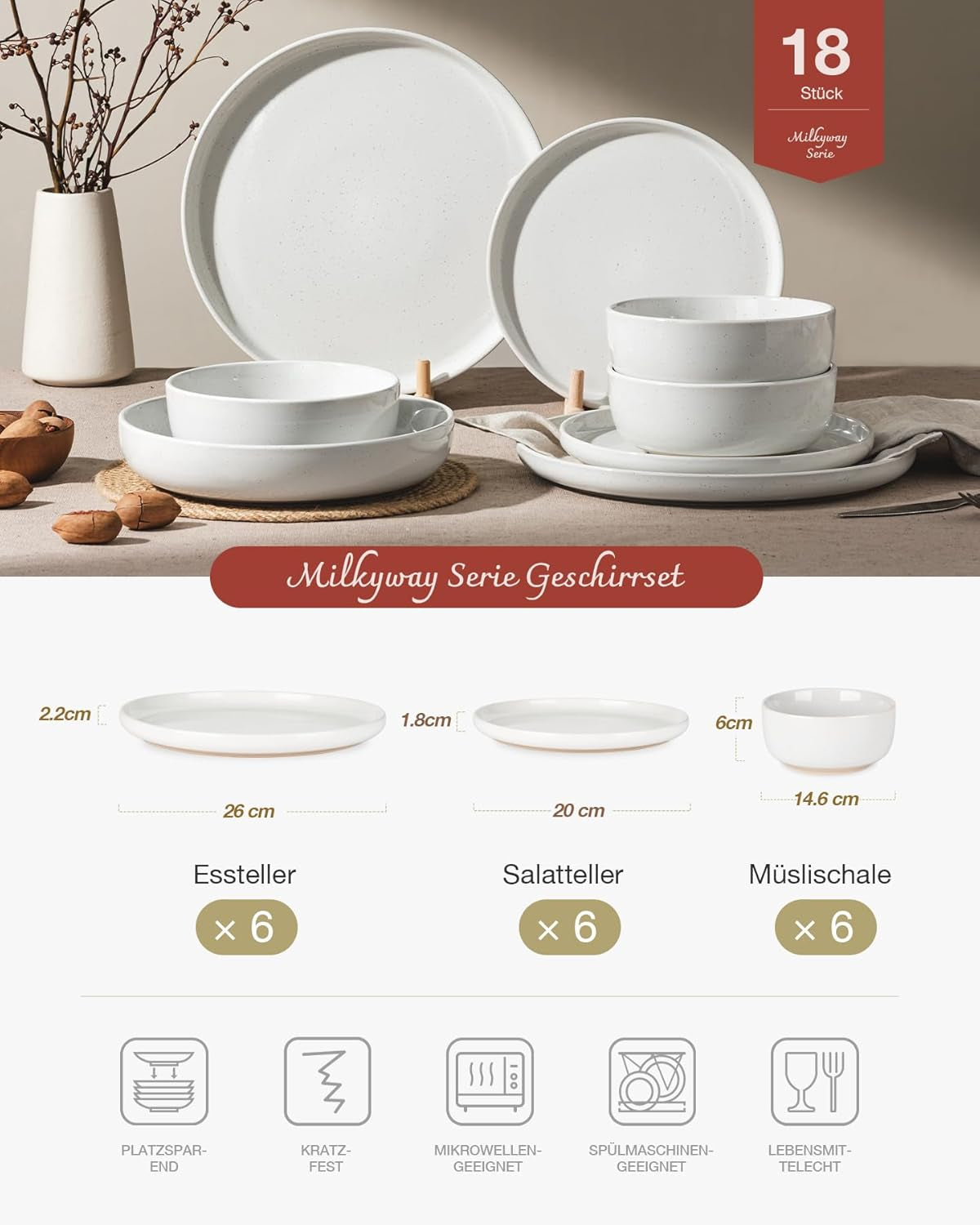 Milkyway Juego de vajilla de 18 piezas, platos llanos de gres para 6 personas, platos de postre, cuencos de cereales, apto para microondas y lavavajillas, blanco