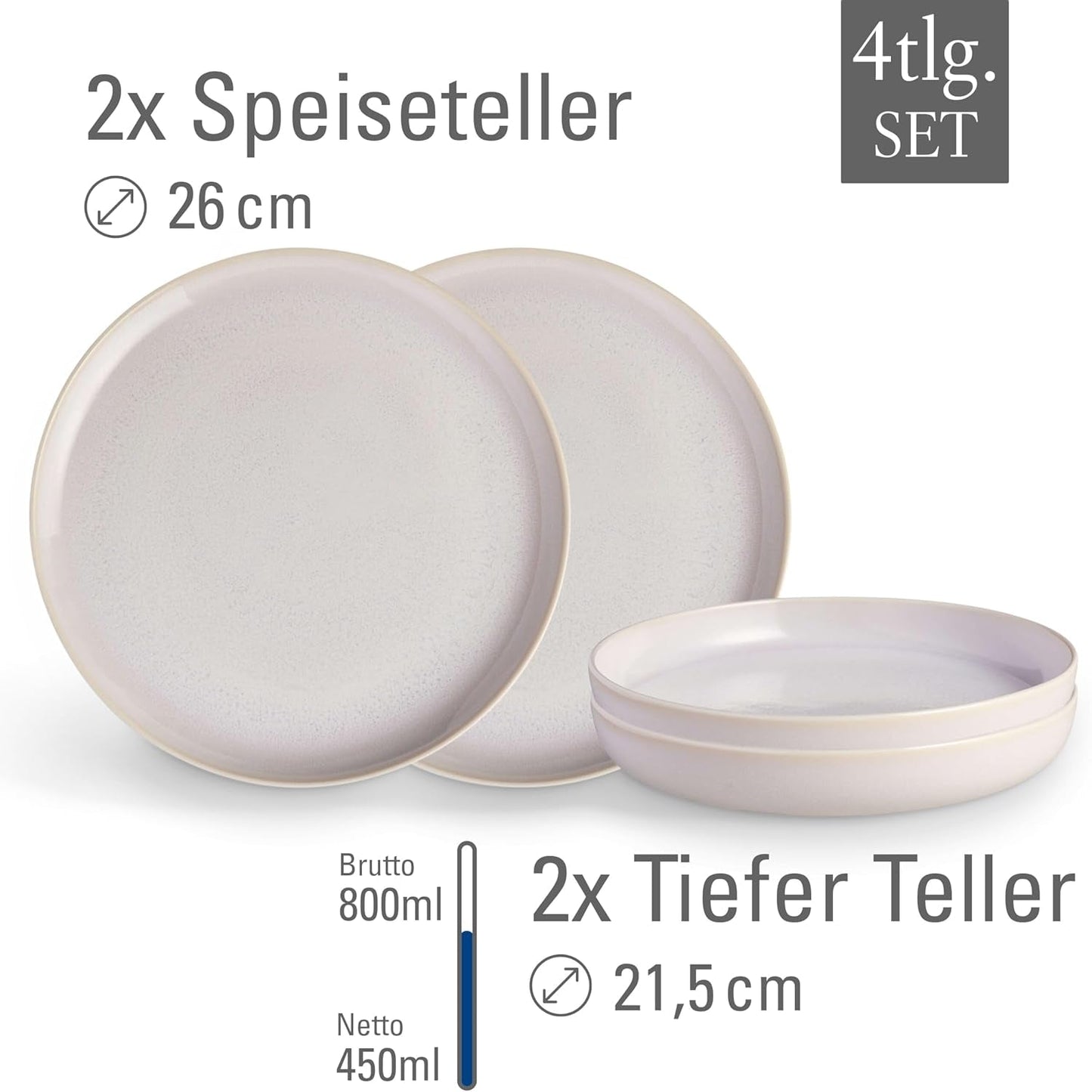 como. de Villeroy & Boch – Vajilla de algodón artesanal 4 teilig Weiß, Spülmaschinenfest, Mikrowellensicher, Geschirrset, Tafelservice Modern, Speiseteller, Tiefe Teller, Pottery-Look, Premium Porzellan