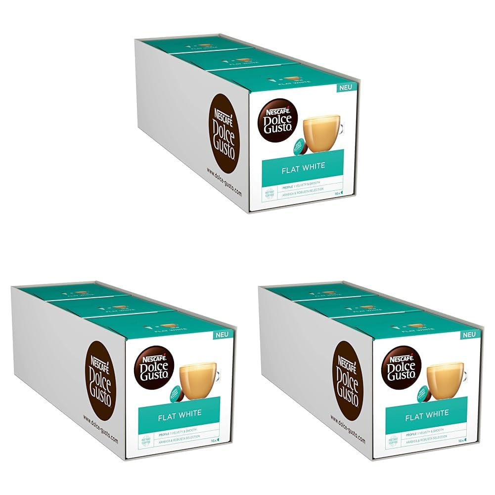NESCAFÉ Dolce Gusto Flat White, 48 cápsulas de café, Arábica y Robusta Bohnen, Cremig-Milchiger Genuss, Kaffeekreation, Coffee-Shop Trend, Aromaversiegelte, paquete de 9 (3x16 cápsulas)