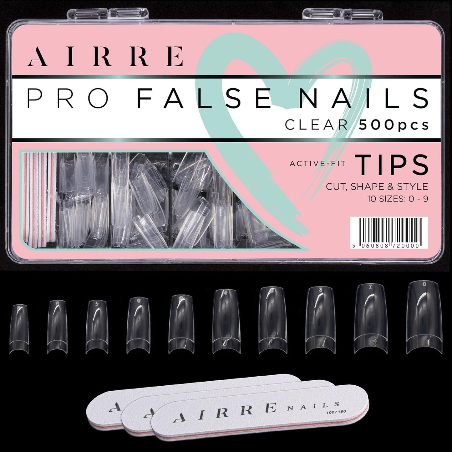 AIRRE 500 uñas de gel profesionales y 3 limas por caja - (10 tamaños) uñas postizas francesas de media luna, uso en salón y hogar, corte, limado y modelado, gel UV/LED, esmalte de uñas y arte de uñas (natural)