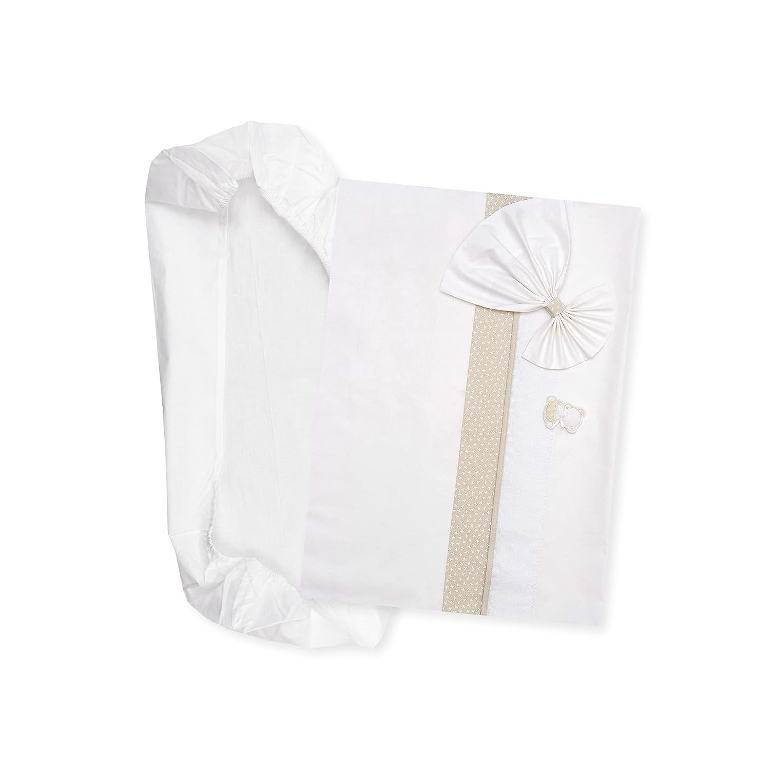 Juego de Sábanas para Capazo Blanco y Rosa, 1 Sábana Bajera, 1 Sábana Encimera con Bordado de Cinta Aida y 1 Funda de Almohada, 100% Algodón, Made in Italy Naty Shop Taupe Quilts & Quilts