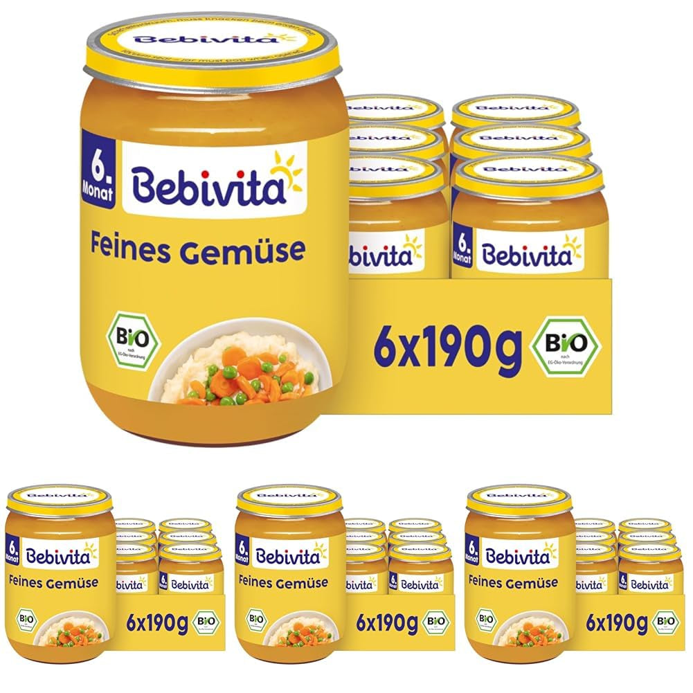 Verduras finas ecológicas (6 x 190g), a partir de 6 meses, sin sal añadida, el tarrito de verduras ideal para iniciar la alimentación complementaria (pack de 4)
