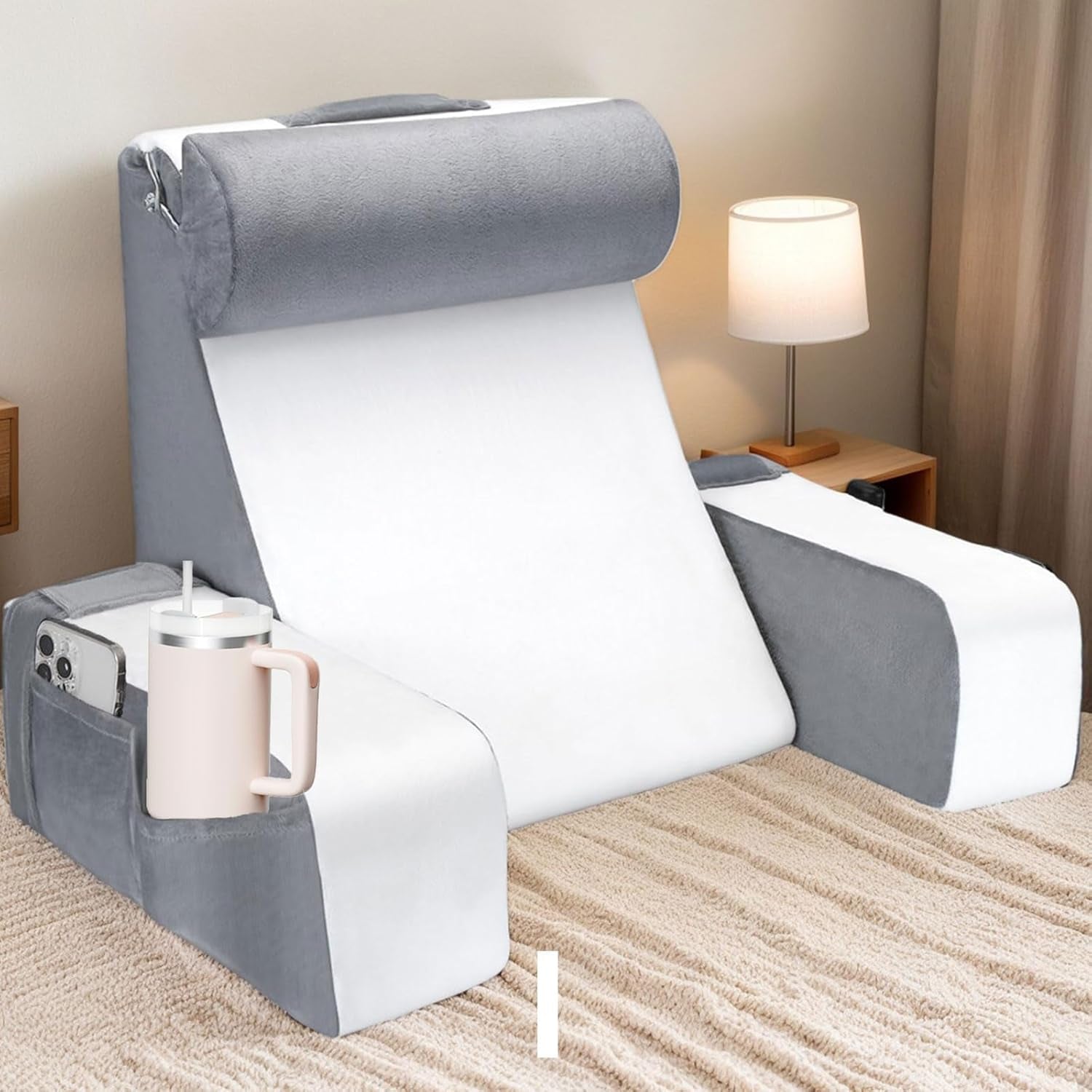 Almohada de lectura grande para cama y sofá, almohada de espalda para adultos con soporte para el cuello y reposabrazos, almohada de respaldo ergonómica con bolsillo y funda lavable para descansar, leer, mirar televisión (WH)