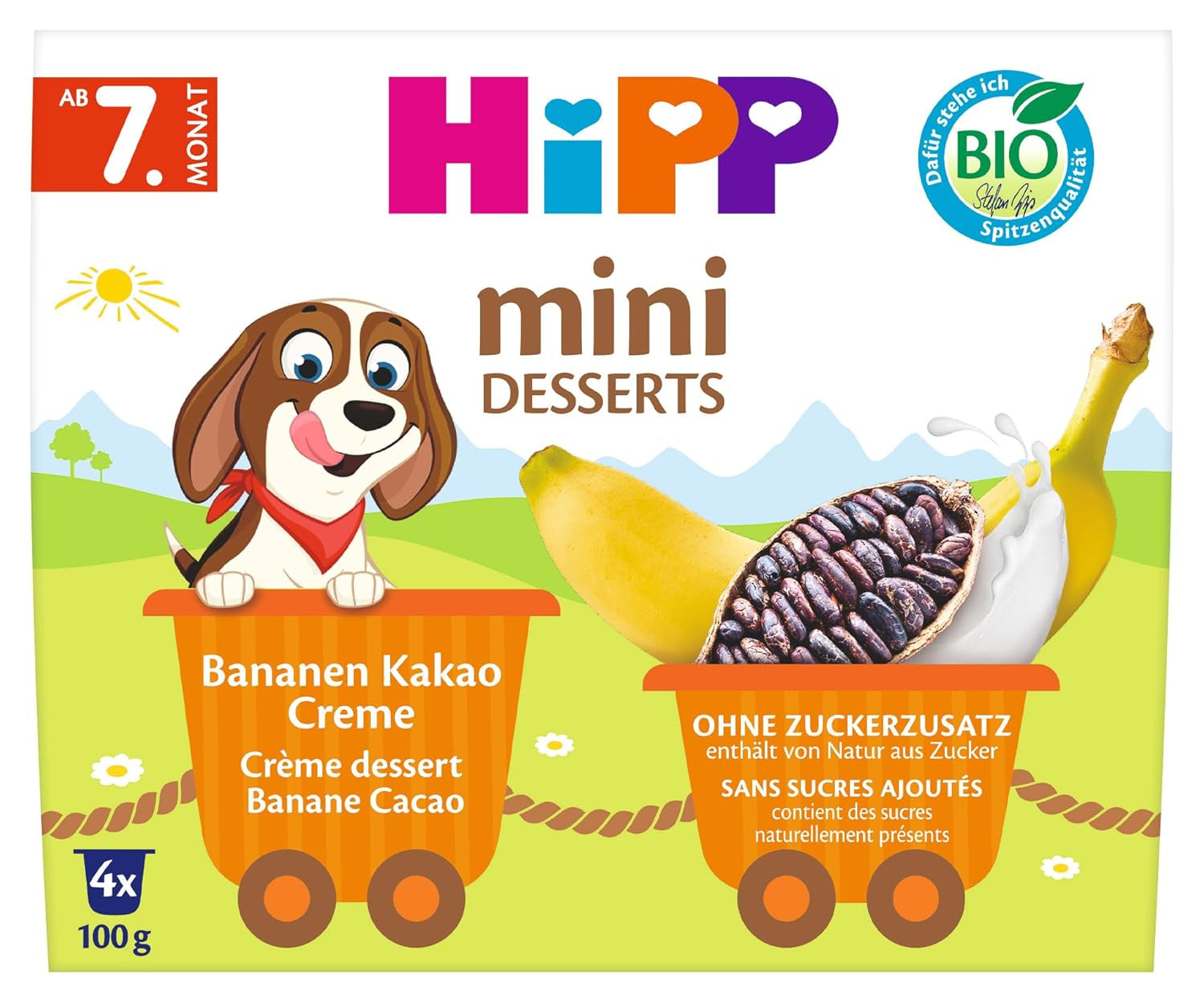 HiPP Mini Postre Crema de Plátano y Cacao Ecológica (pack de 6 x 4 x 100g), a partir de 7 meses, en prácticos vasitos, sin azúcares añadidos, de la mejor calidad ecológica
