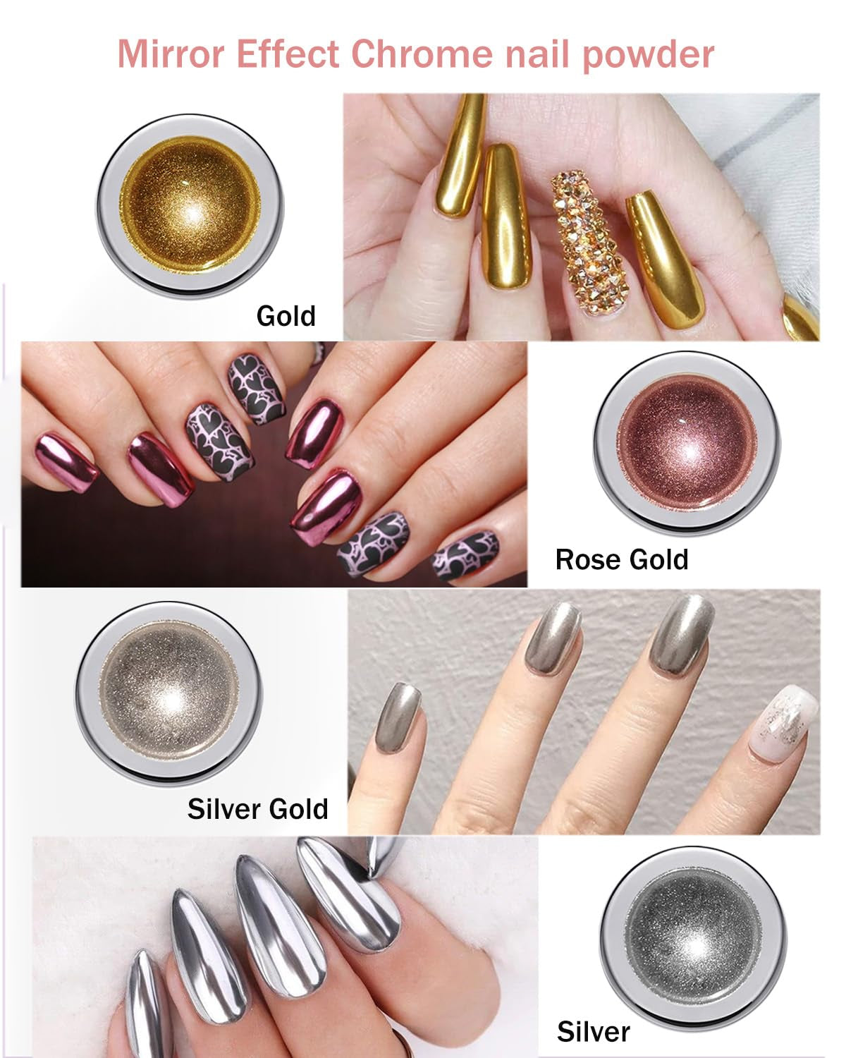 Wahrshei 6 Chrome Nail Powder, Chrome Pulver Nägel Mit Spiegeleffekt, Laser Chrome Puder, Polvo efecto perla para uñas esmaltadas en forma de donut