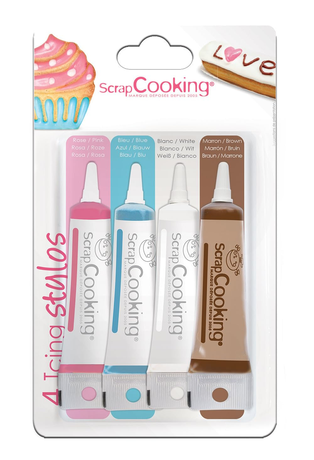 Scrapcooking - 4 rotuladores decorativos blanco, rosa, azul, chocolate 4X20G