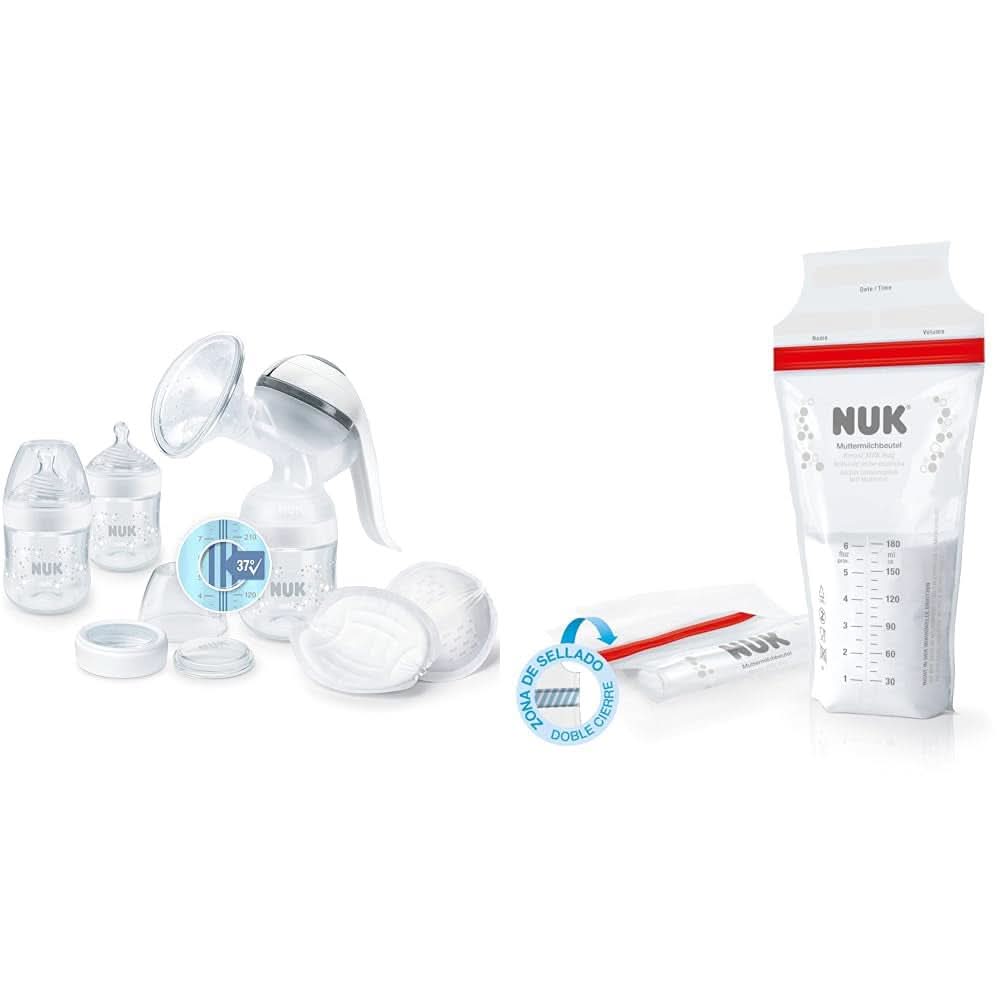 Extractor de leche manual NUK Nature Sense | Set de lactancia con extractor de leche manual, biberones y discos de lactancia Ultra Dry Comfort | 6 piezas Alimentación y Accesorios Lactancia Bebe Naty Shop Paquete con bolsa para leche materna Con control de temperatura