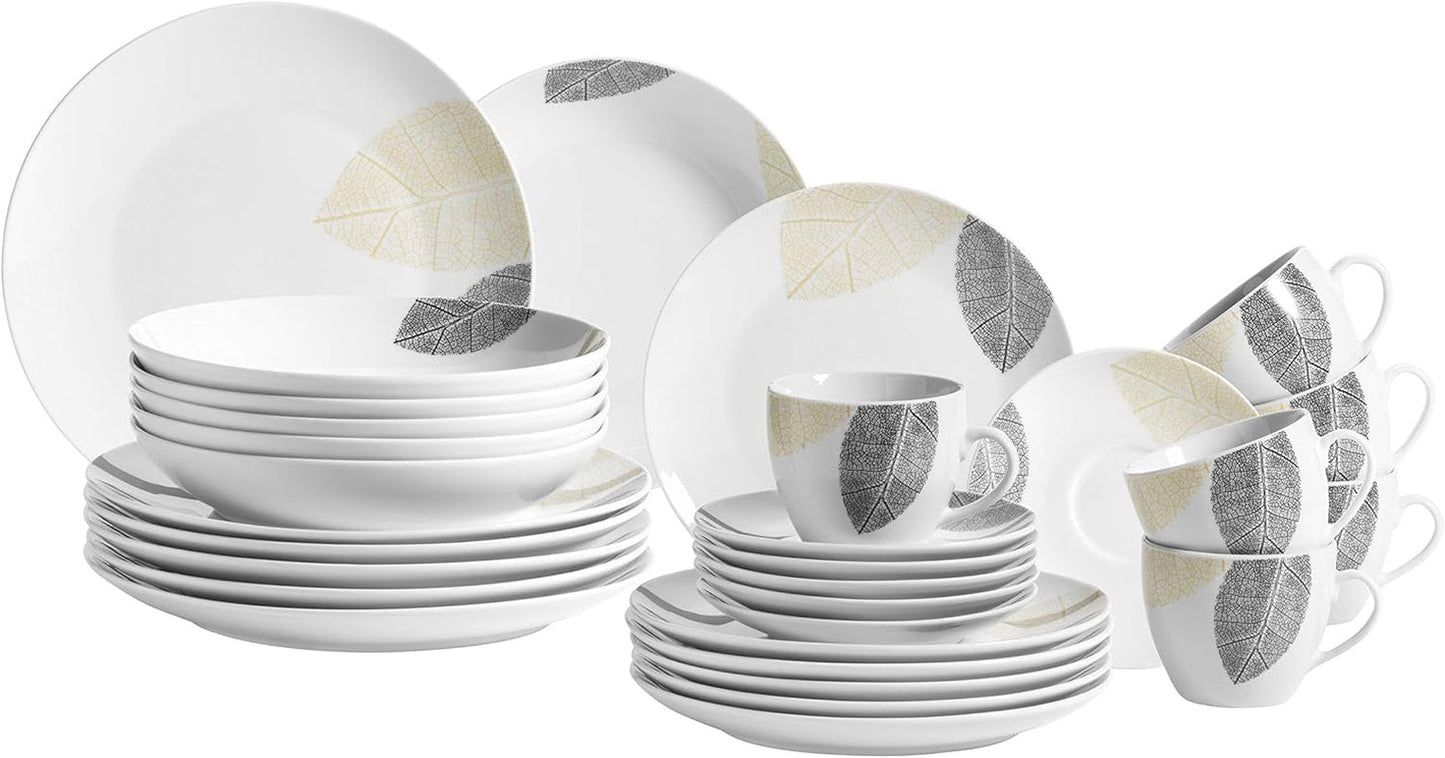MÄSER 931215 Vajilla bellamente decorada para 6 personas, servicio combinado 30 piezas, con formas sin marco, porcelana, blanco