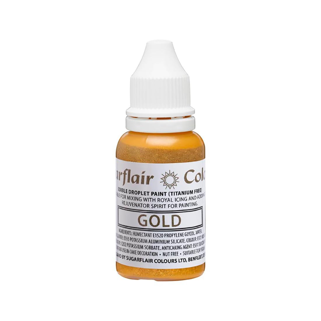 Sugarflair Edible Drop Paint Liquid Gold - Colorante alimentario para pasta de azúcar y crema de mantequilla - Se puede utilizar con aerógrafo - 14 ml