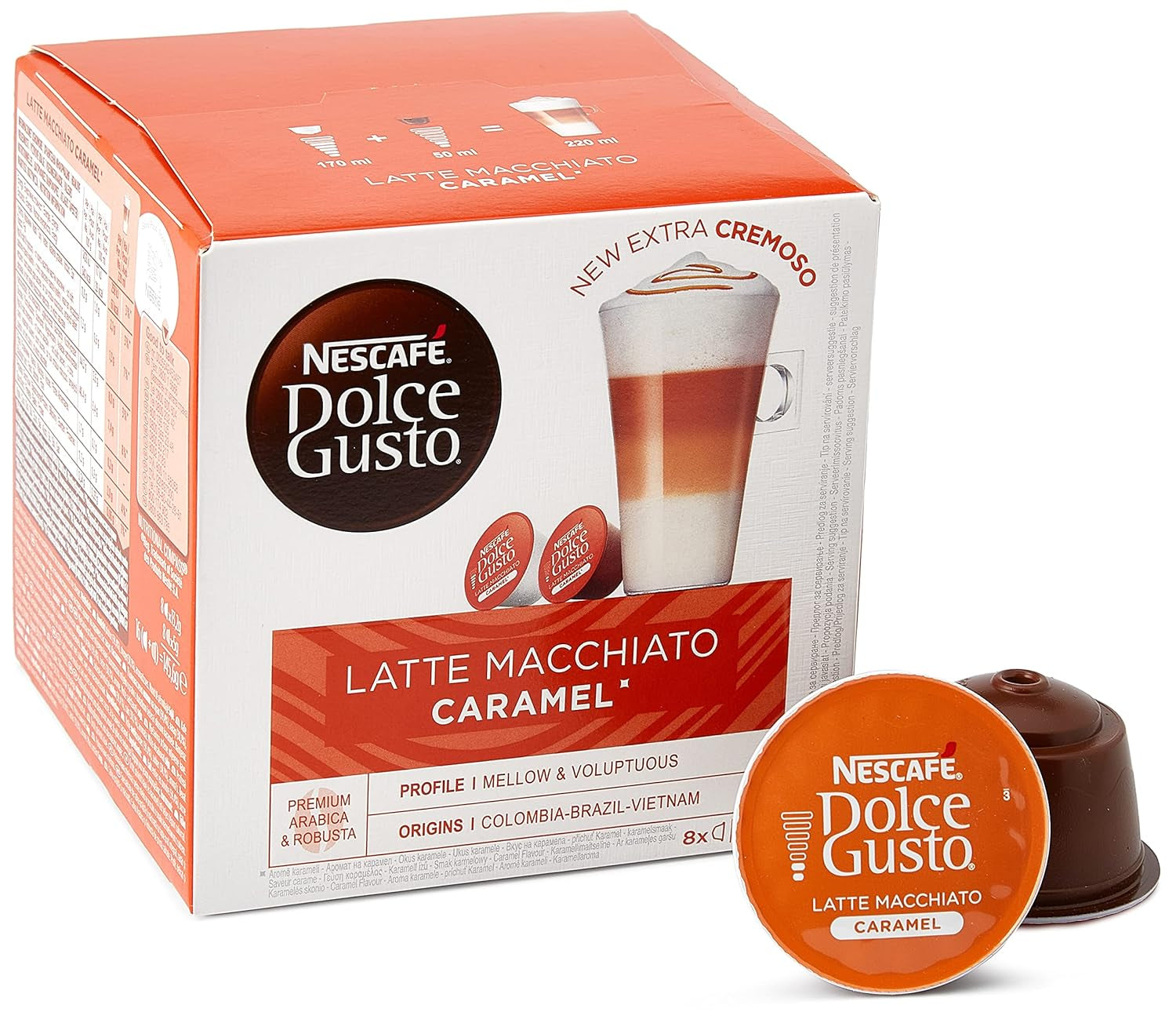 Latte Macchiato | 96 Kaffeekapseln y Latte Macchiato Caramelo | 48 cápsulas de café | Mezcla de Arábica Robusta | Feines Caramell Aroma und leckerer Milchschaum