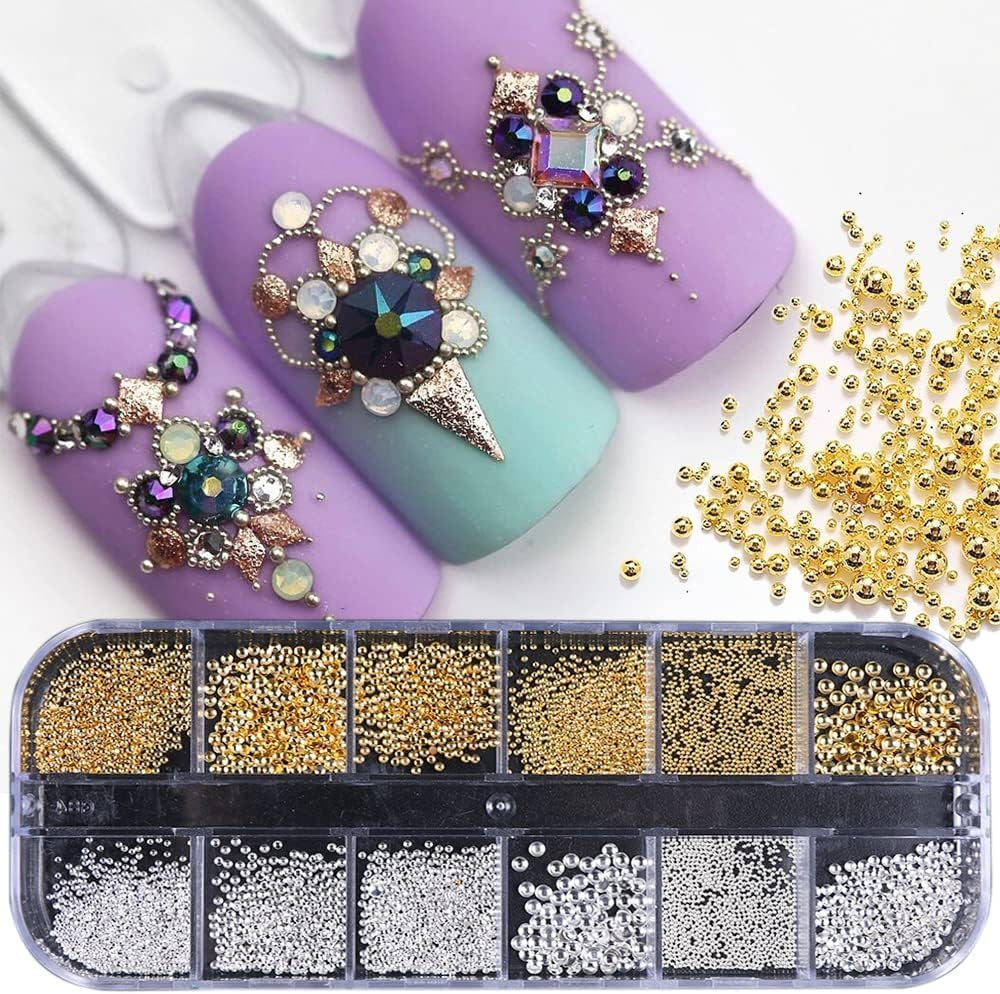 GZMAYUEN Nail Art Perlen Micro Caviar para uñas, 0,3-3 mm Goldene Silber Mini Caviar Strasssteine, Weiß Beige Mini Nägel Perlen Mikroperlen Dekor para uñas