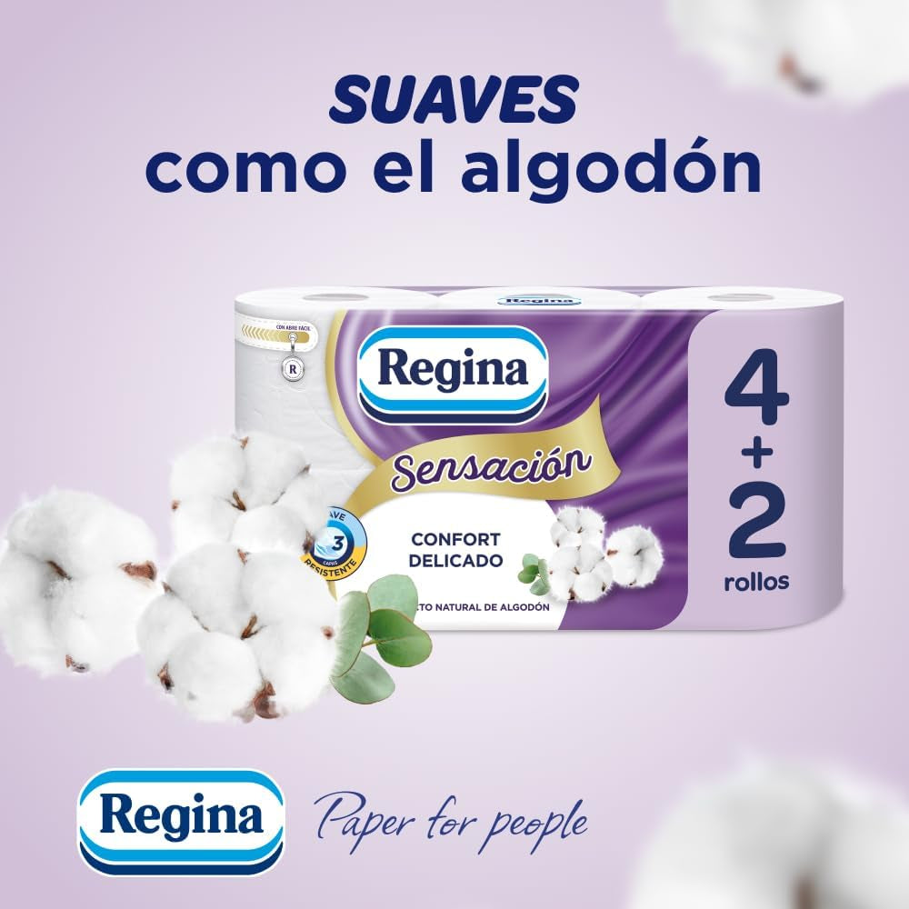 Regina Feeling - 42 rollos de papel higiénico, 175 hojas de tres capas, extracto de algodón natural y delicada fragancia, envases de plástico 60% reciclado, papel 100% certificado Fsc
