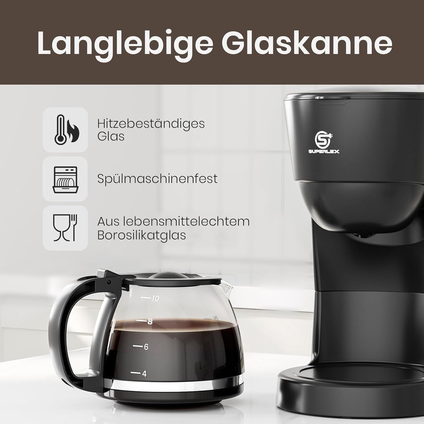 Cafetera de filtro de 1,25 L para 10 tazas de café filtrado, jarra de cristal apta para lavavajillas, termo, sistema antigoteo, apagado automático, 600 W, protección contra ebullición sin agua para el hogar y la oficina
