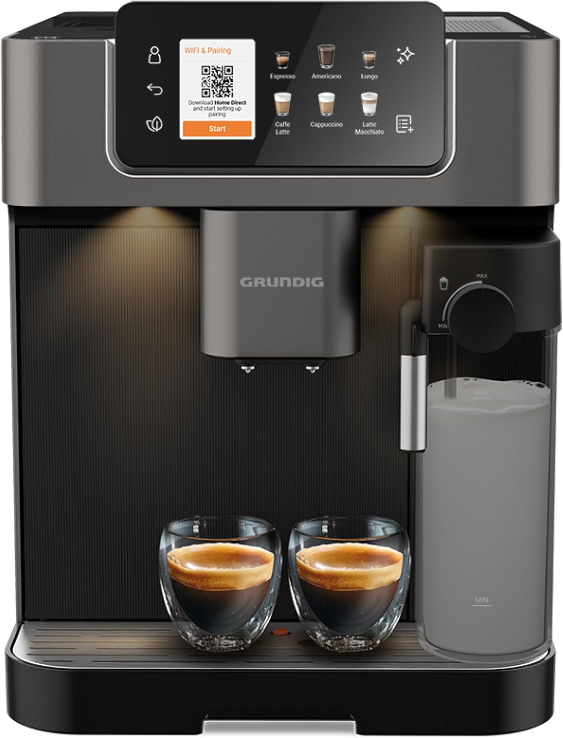 GRUNDIG KVA 6230 Cafetera espresso totalmente automática con espumador de leche, molinillo de acero inoxidable con 13 niveles de molienda, recipiente de granos de 250 g, depósito de agua extraíble de 2 litros, presión de la bomba 19 bar, pantalla táctil, negro