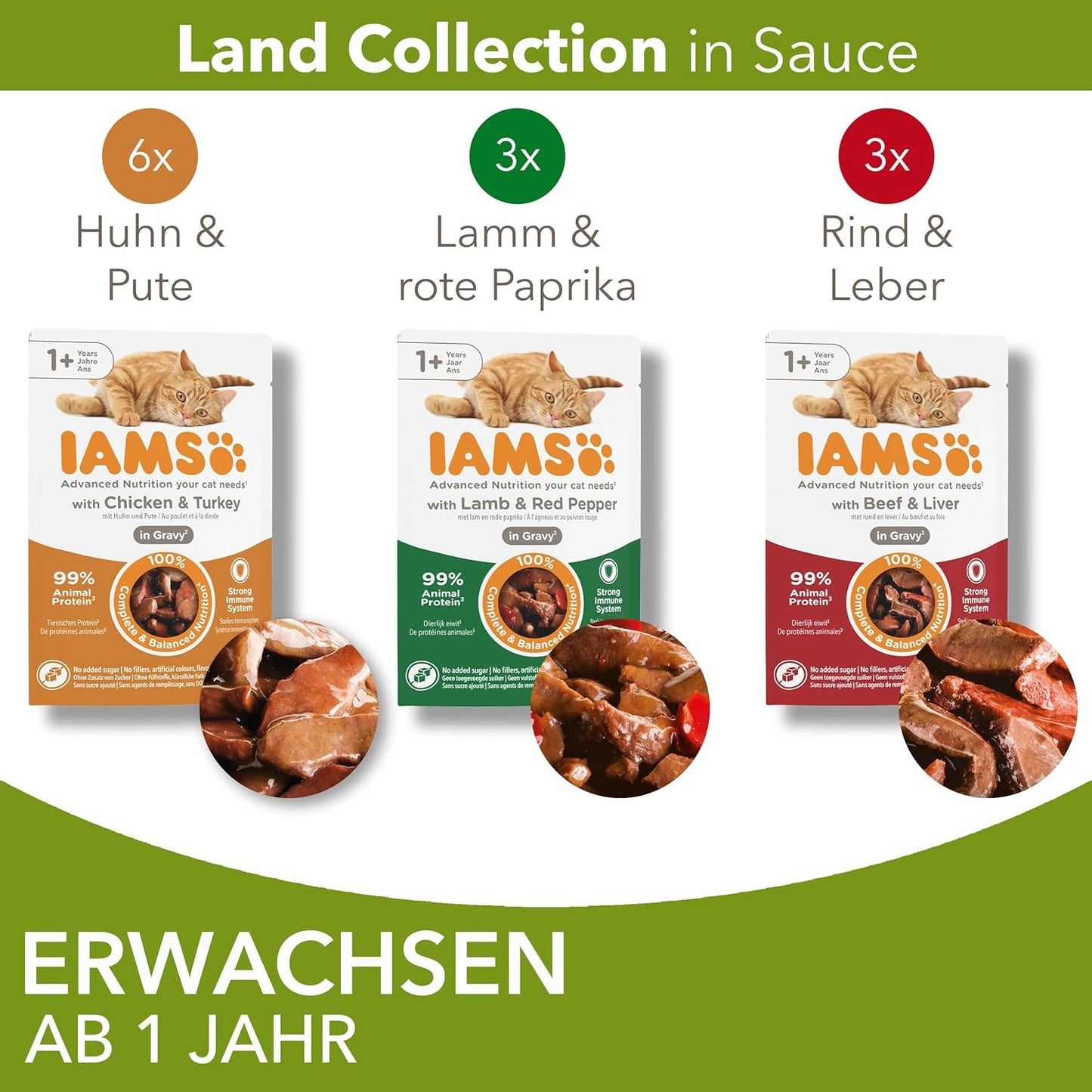 IAMS Delights Land Collection Comida húmeda para gatos - Multi-pack con variedades de carnes (cordero, ternera, pollo y pavo) en salsa, comida húmeda para gatos a partir de 1 año, 12 x 85g