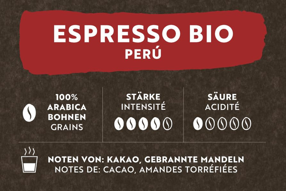 Café Royal Bio Espresso Perú – 100% Arábica Kaffeebohnen, aromatisch-intensiv, dunkle Röstung, Stärke 4/5, Bio & Fairtrade, 500 g ganze Bohnen