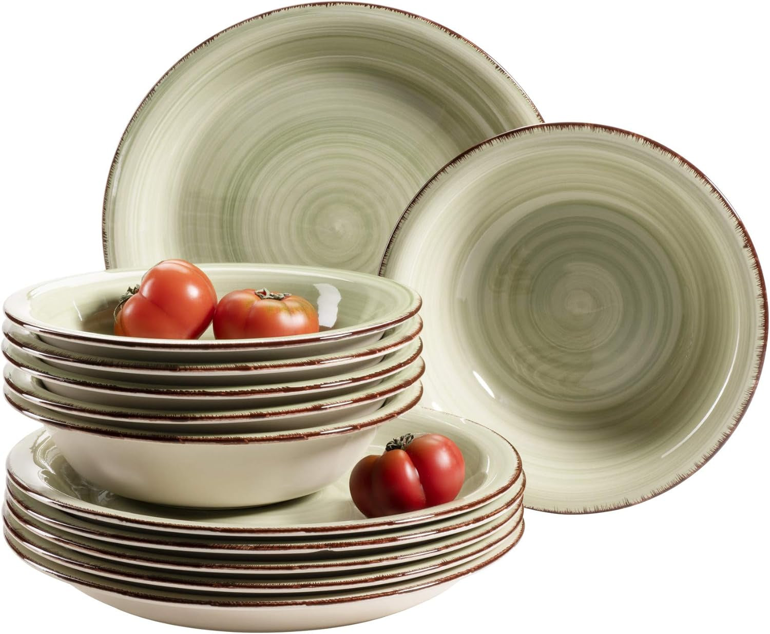 MÄSER Vajilla para 6 personas, aspecto vintage moderno, servicio de mesa de 12 piezas, pintado a mano, verde, azulejo, verde oliva (Bel Tempo II)