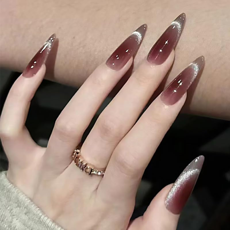 Mouyouglow-uñas largas Stiletto, color blanco lechoso, degradado, purpurina rosa, uñas postizas frescas con pegamento, uñas artificiales con purpurina rosa ombré