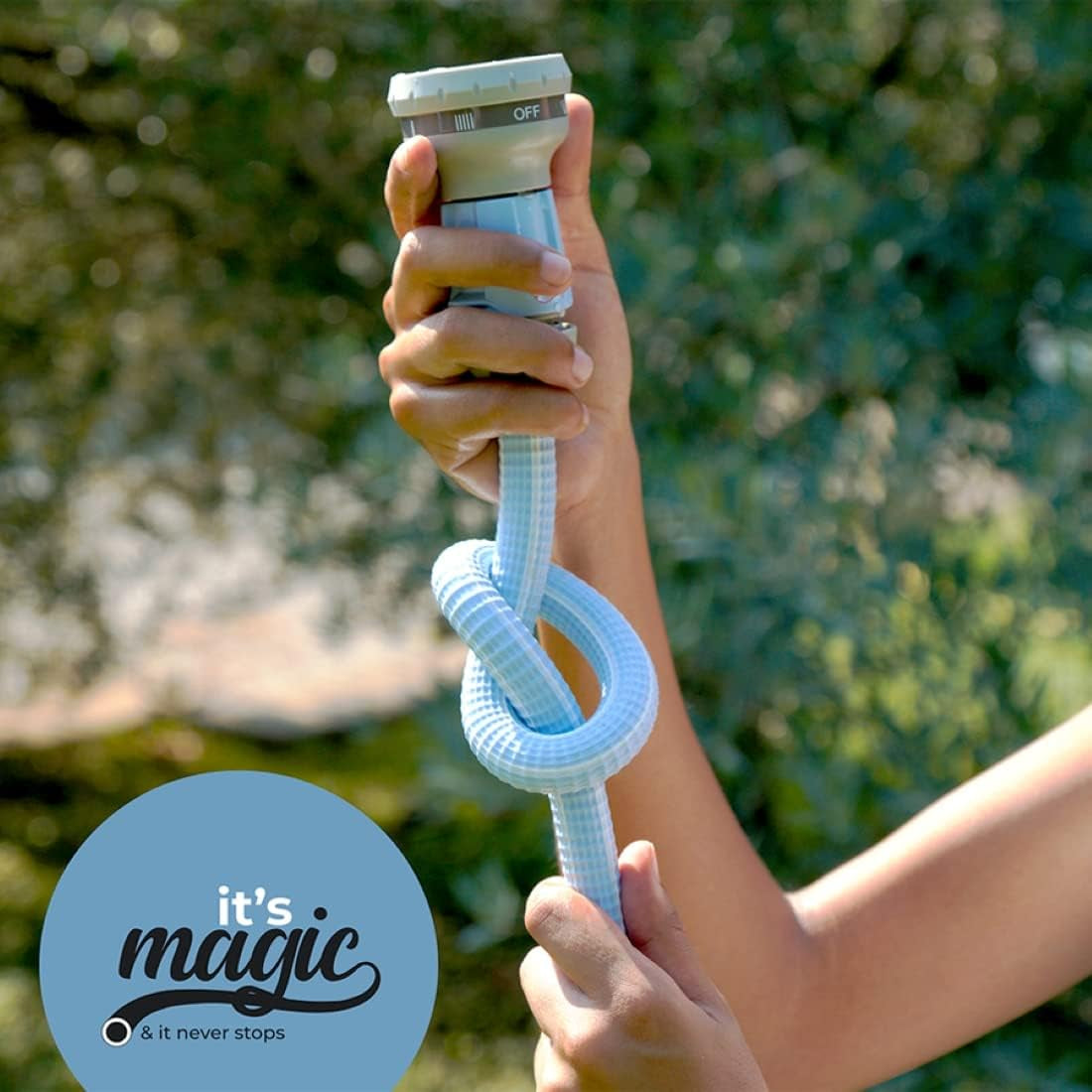 Manguera de jardín extensible Magic Blue, resistente a nudos y torceduras, 10 metros, con bolsa y boquilla pulverizadora