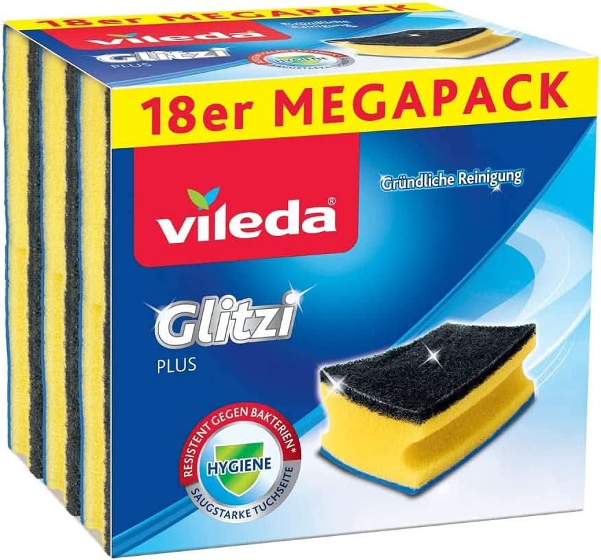 Vileda Glitzi, esponja lavavajillas para la cocina, con efecto antibacteriano, muy absorbente, pack de 18 Detergentes de Cocina Naty Shop