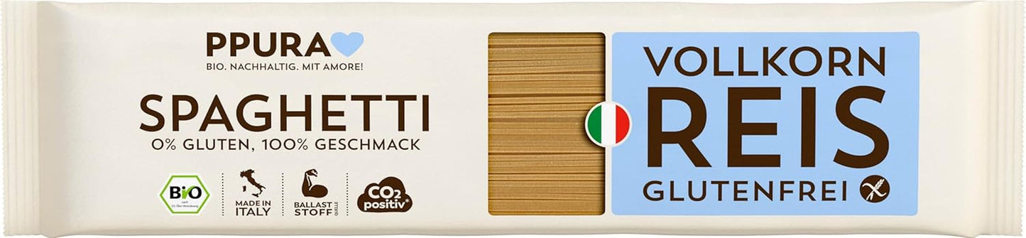 PPURA Espaguetis con arroz integral ecológico sin gluten 400g - Pasta natural italiana con arroz integral ecológico - Sin gluten, sin azúcar ni aditivos, preparados tradicionalmente