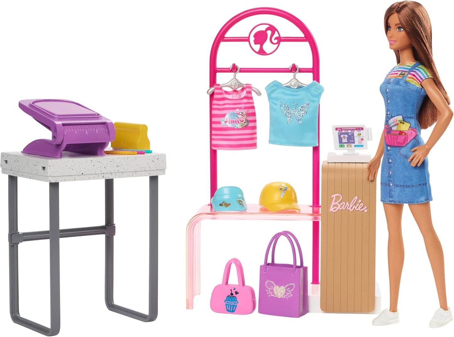 Barbie Fashion Boutique Playset - Muñeca con patrón de aluminio, más de 150 looks originales, incluye 2 blusas y 5 sábanas de aluminio, perchero y lector de tarjetas de crédito, a partir de 3 años, HKT78