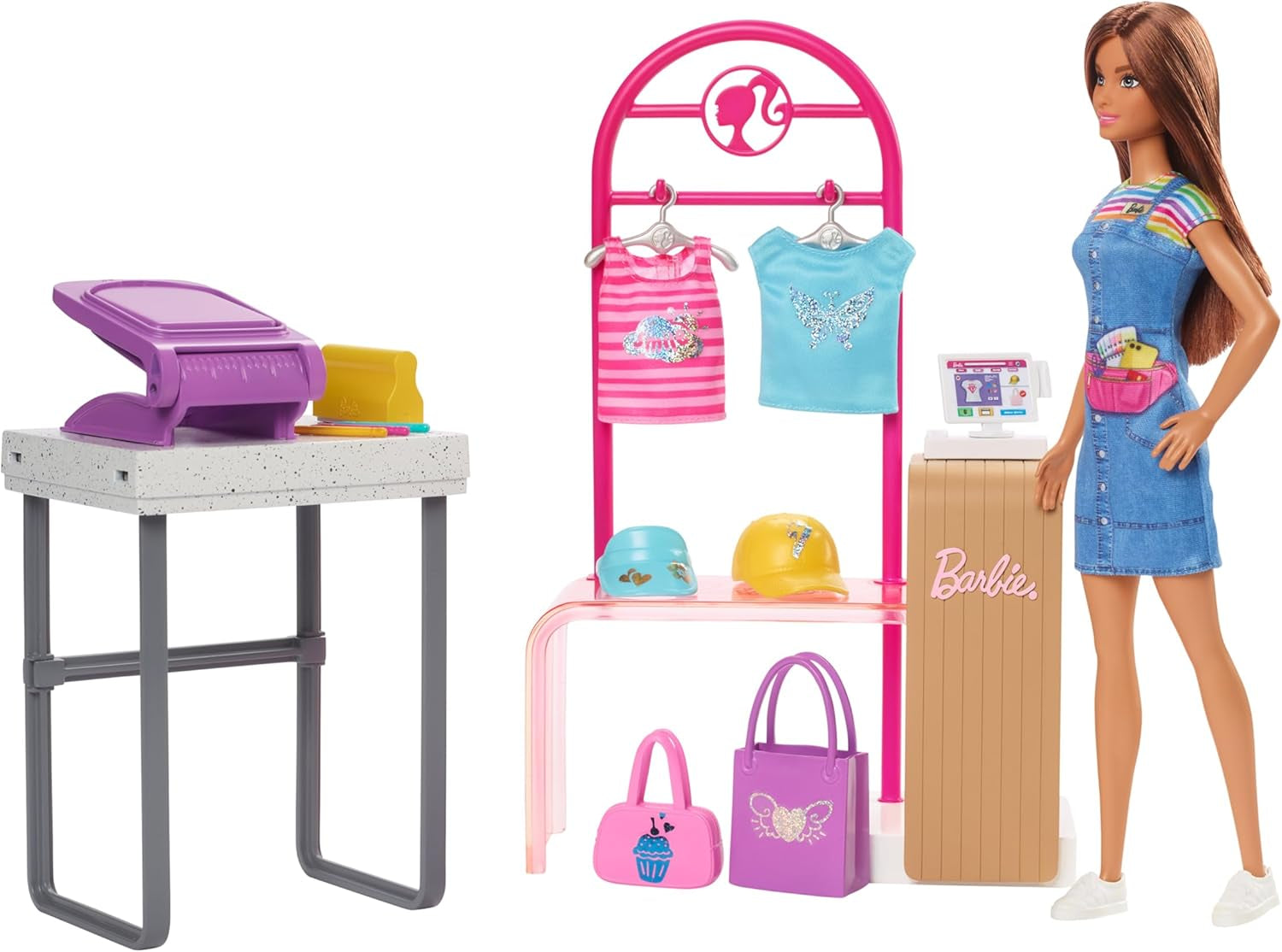 Barbie Fashion Boutique Playset - Muñeca con patrón de aluminio, más de 150 looks originales, incluye 2 blusas y 5 sábanas de aluminio, perchero y lector de tarjetas de crédito, a partir de 3 años, HKT78