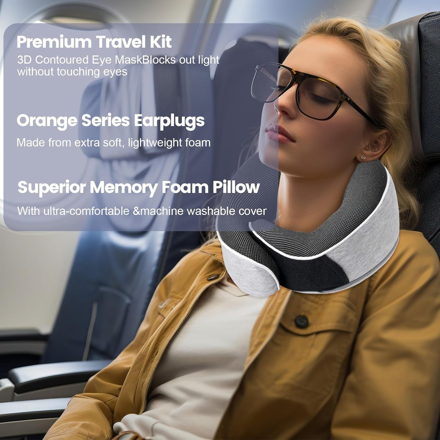 Almohada para el cuello Almohada de viaje de espuma viscoelástica Diseño ergonómico Almohada para el cuello de espuma viscoelástica con máscara para los ojos 2 tapones para los oídos y bolsa de almacenamiento Perfecto para dormir en la carretera cuando viaja Naty Shop Almohadas ortopédicas cervicales